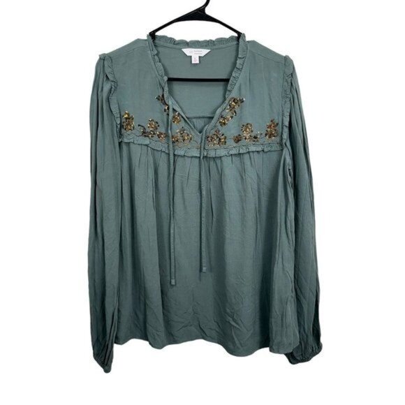 Lauren Conrad Women SZ L Pale Green Sequins Embroidered Long Sleeve Casual Top - Picture 2 of 12